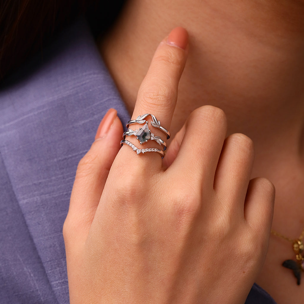 Gnoce Agate Leaf Stackable Ring Set Platinum-plated Silver Blend_3