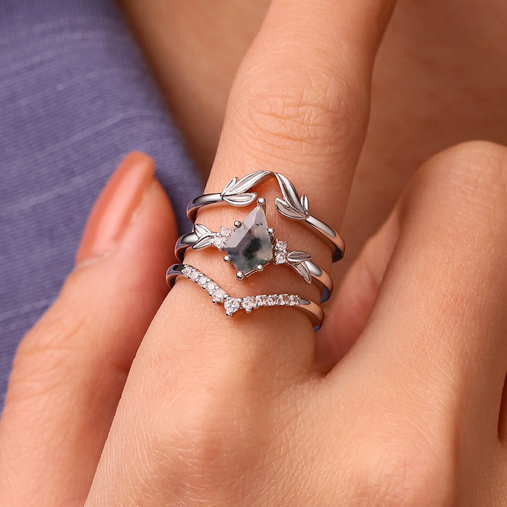 Gnoce Agate Leaf Stackable Ring Set Platinum-plated Silver Blend_2