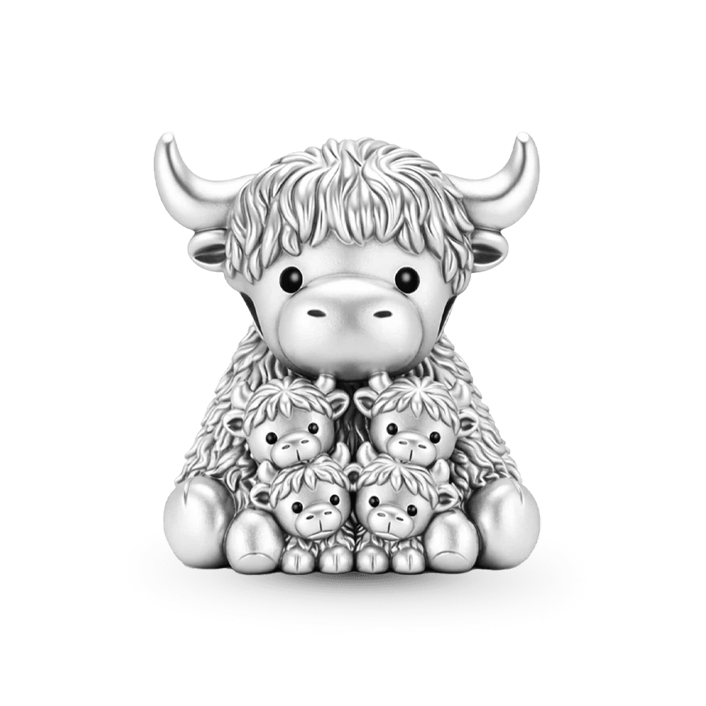 Gnoce Highland Cow Embraces Four Babies Charm Platinum-plated Silver Blend_1