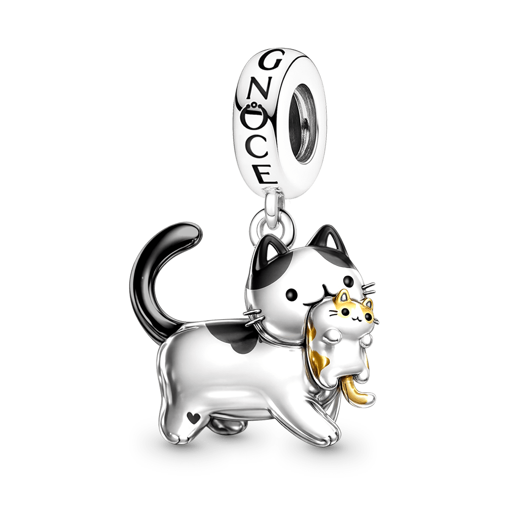 Gnoce Mother's Day Mother Cat Carrying Kitten Pendant Dangle Charm Platinum-plated Silver Blend_1