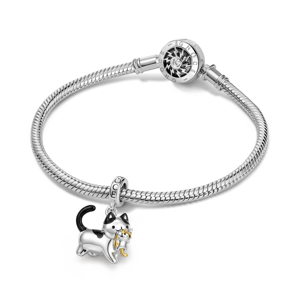 Gnoce Mother's Day Mother Cat Carrying Kitten Pendant Dangle Charm Platinum-plated Silver Blend_3