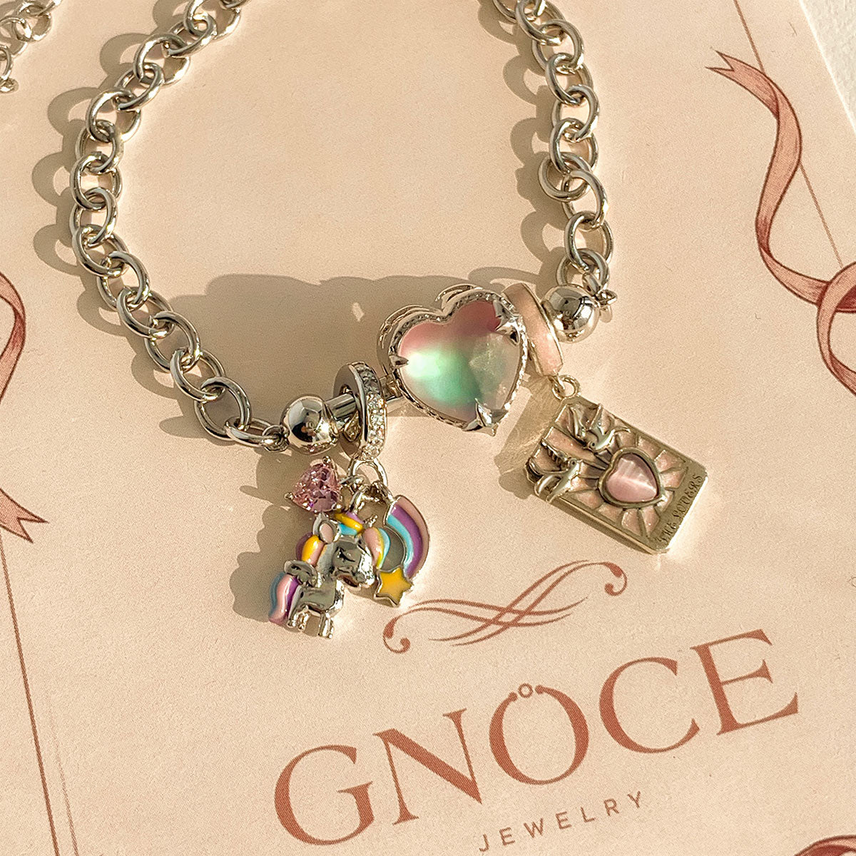 Gnoce Adjustable Handcrafted Unicorn and Heart Charm Bracelet Set_3