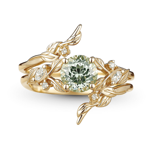 Gnoce Nature-Inspired Leaf & Floral Round-cut Engagement Ring Set_1