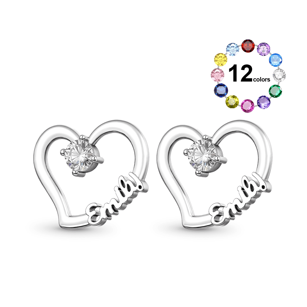 Gnoce Personalized Heart Name Earrings with Custom Birthstone_1
