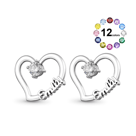 Gnoce Personalized Heart Name Earrings with Custom Birthstone_1