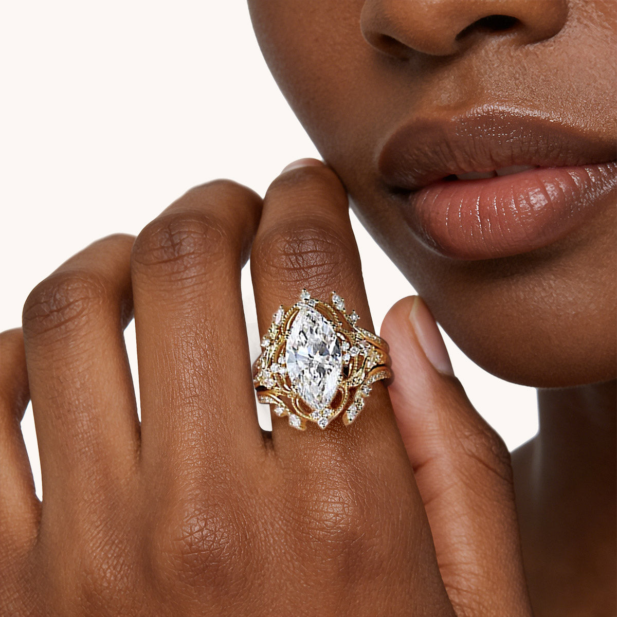 Gnoce Retro Style Leaf Marquise-Cut Engagement Ring Set_2