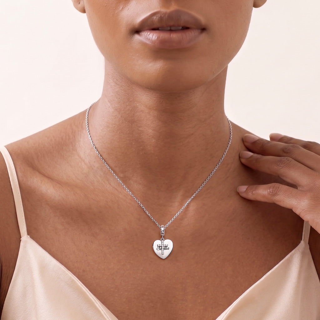 Gnoce Cross & Heart Engravable Charm Platinum-plated Silver Blend_5