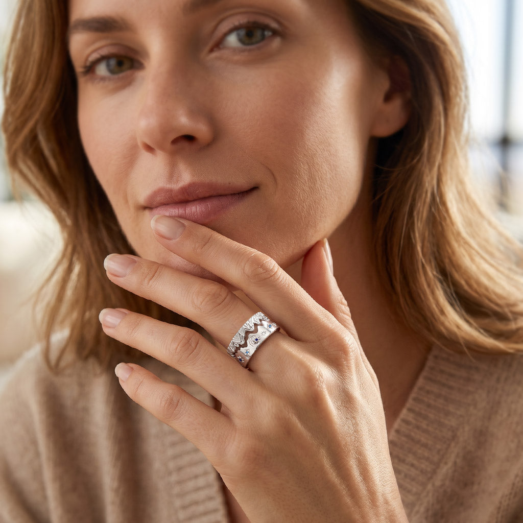 Gnoce Crescent Moon Stars Mountain Ring Set Platinum-plated Silver Blend_3