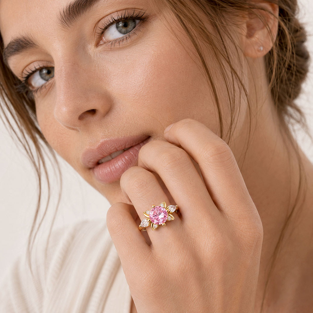Gnoce Faceted Pink Stone Leaf Motif Ring_3
