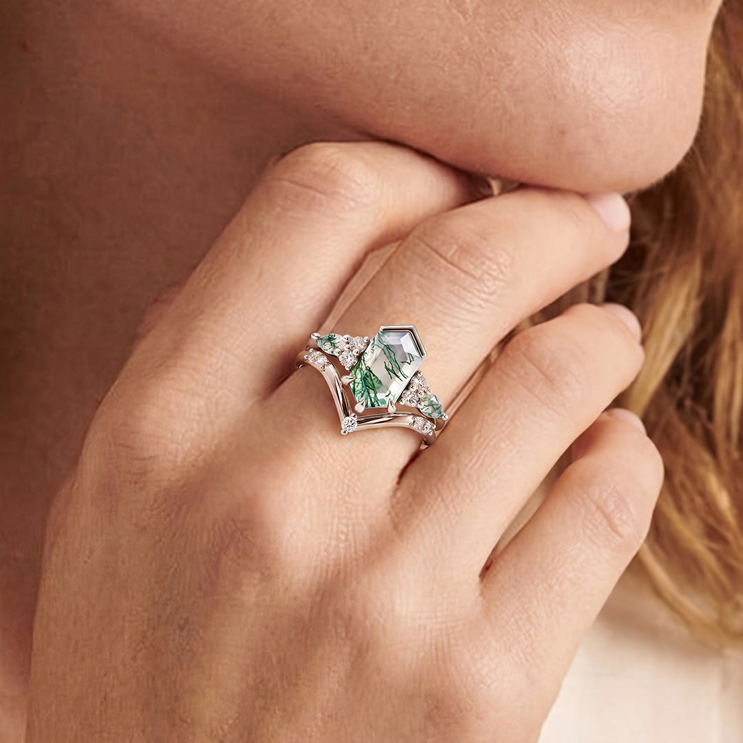 Gnoce Hexagon Moss Agate Ring Set Platinum-plated Silver Blend_2