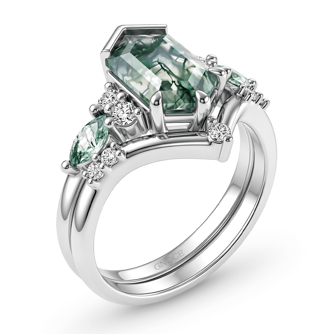 Gnoce Hexagon Moss Agate Ring Set Platinum-plated Silver Blend_4