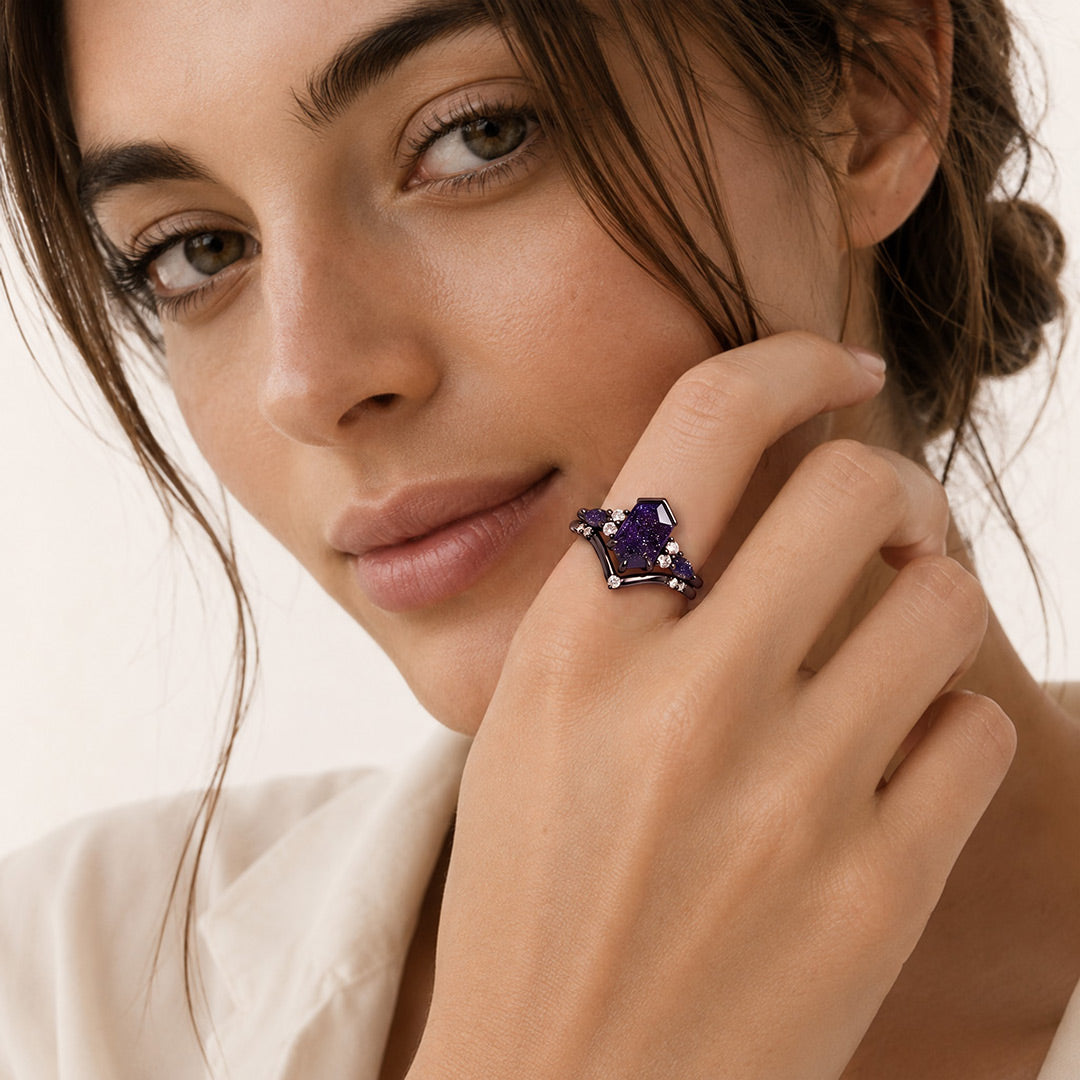 Gnoce Dark Blue Starry Night Sparkling Gemstone Ring Set_3
