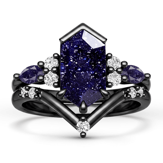Gnoce Dark Blue Starry Night Sparkling Gemstone Ring Set_1