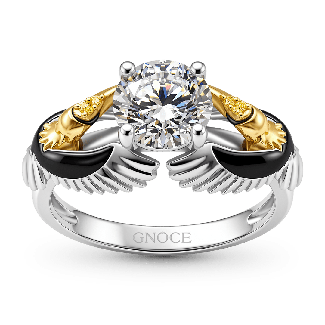 Gnoce Winged Feather Black Enamel Claw Moissanite Ring Platinum-plated Silver Blend_1