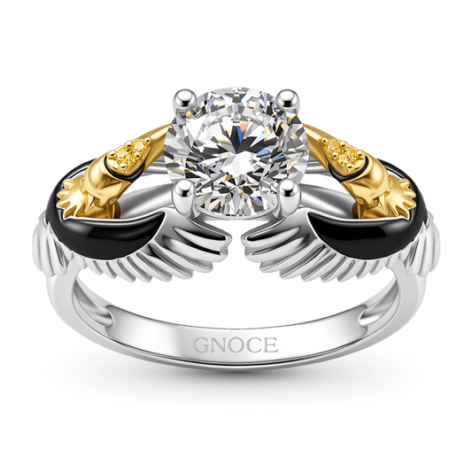 Gnoce Winged Feather Black Enamel Claw Moissanite Ring Platinum-plated Silver Blend_1