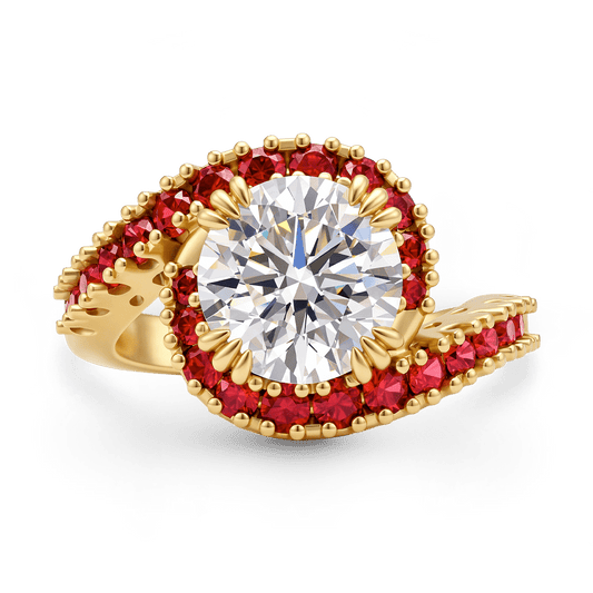 Gnoce Round Cut Moissanite with Ruby Halo Twisted Shank Ring_1