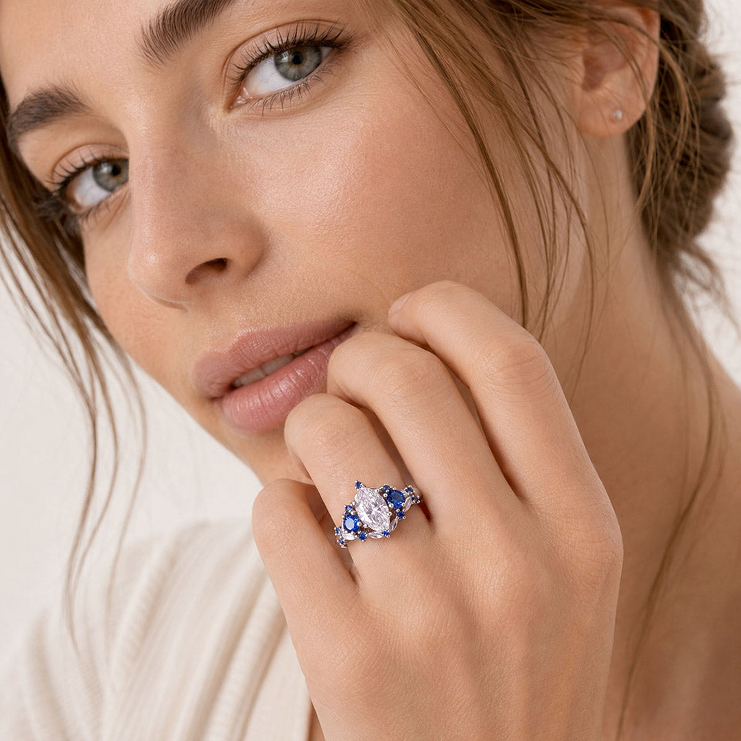 Gnoce Marquise-Cut Moissanite Blue Gemstone Ring Platinum-plated Silver Blend_3