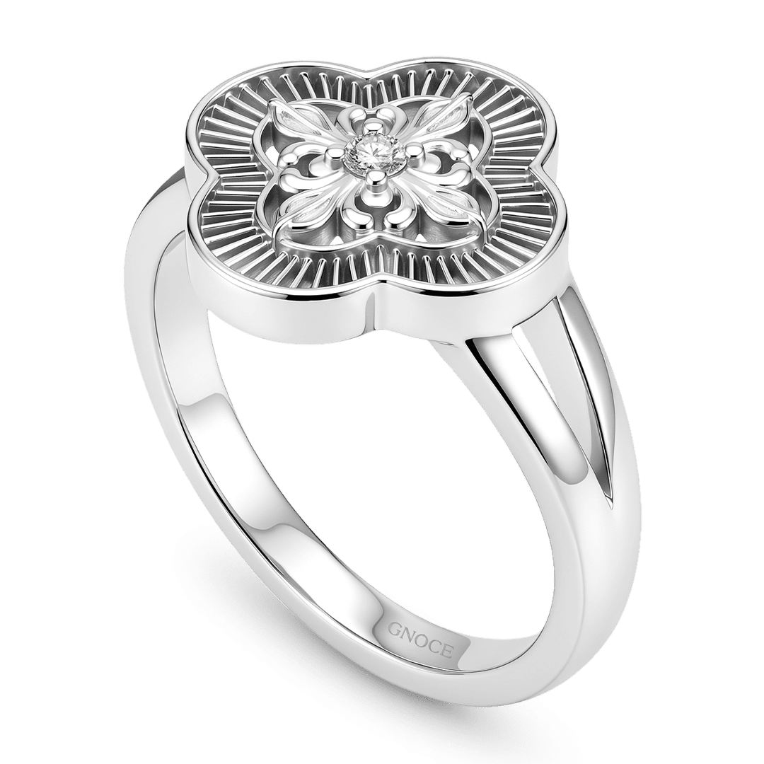 Gnoce Four-Leaf Clover Floral Engraved Ring Platinum-plated Silver Blend_4