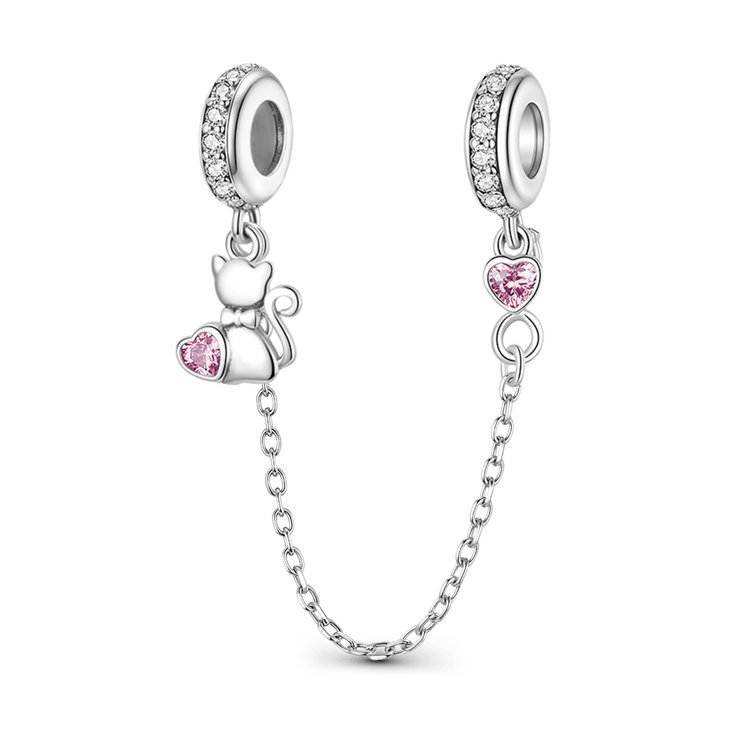 Cute Cat & Heart Safety Chain 925 Sterling Silver Inlaid with Clear and Pink Gemstones_1