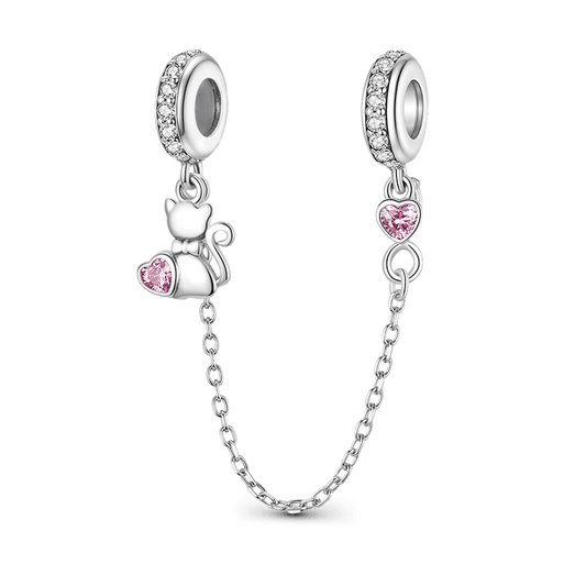 Cute Cat & Heart Safety Chain 925 Sterling Silver Inlaid with Clear and Pink Gemstones_1