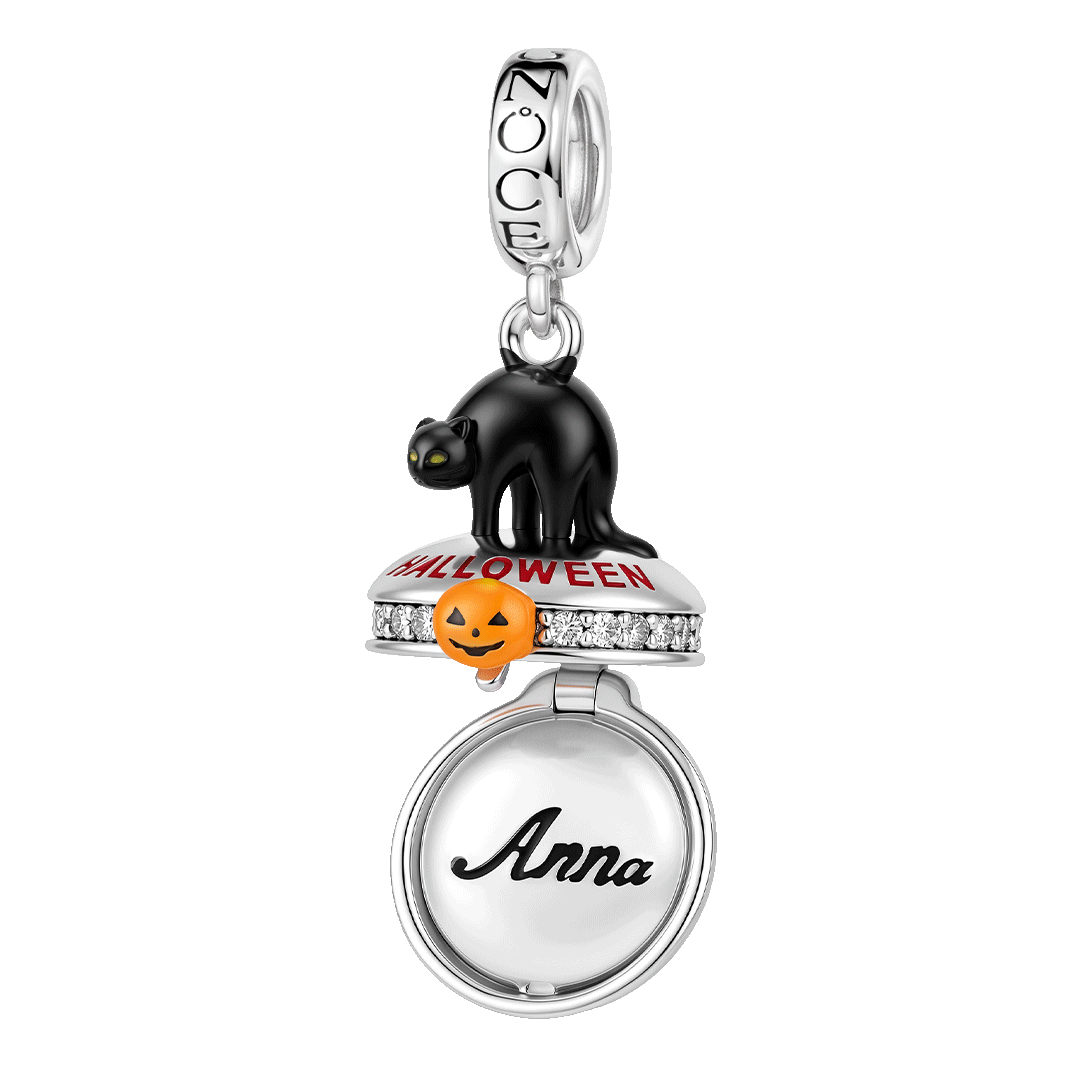 Gnoce Halloween Black Cat Box Engravable Dangle Charm Platinum-plated Silver Blend_1