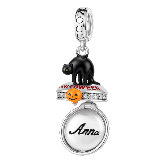 Gnoce Halloween Black Cat Box Engravable Dangle Charm Platinum-plated Silver Blend_1