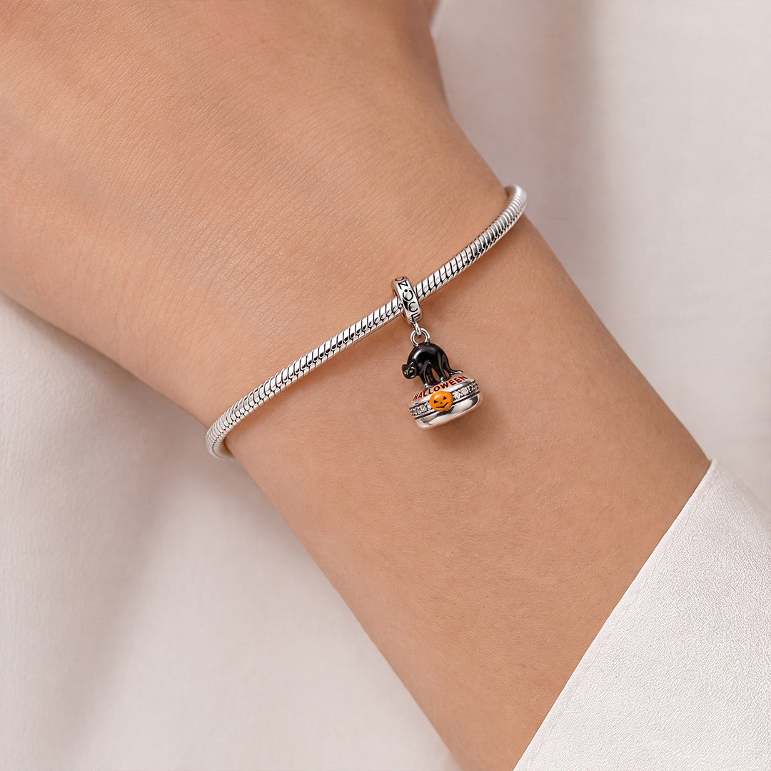 Gnoce Halloween Black Cat Box Engravable Dangle Charm Platinum-plated Silver Blend_3