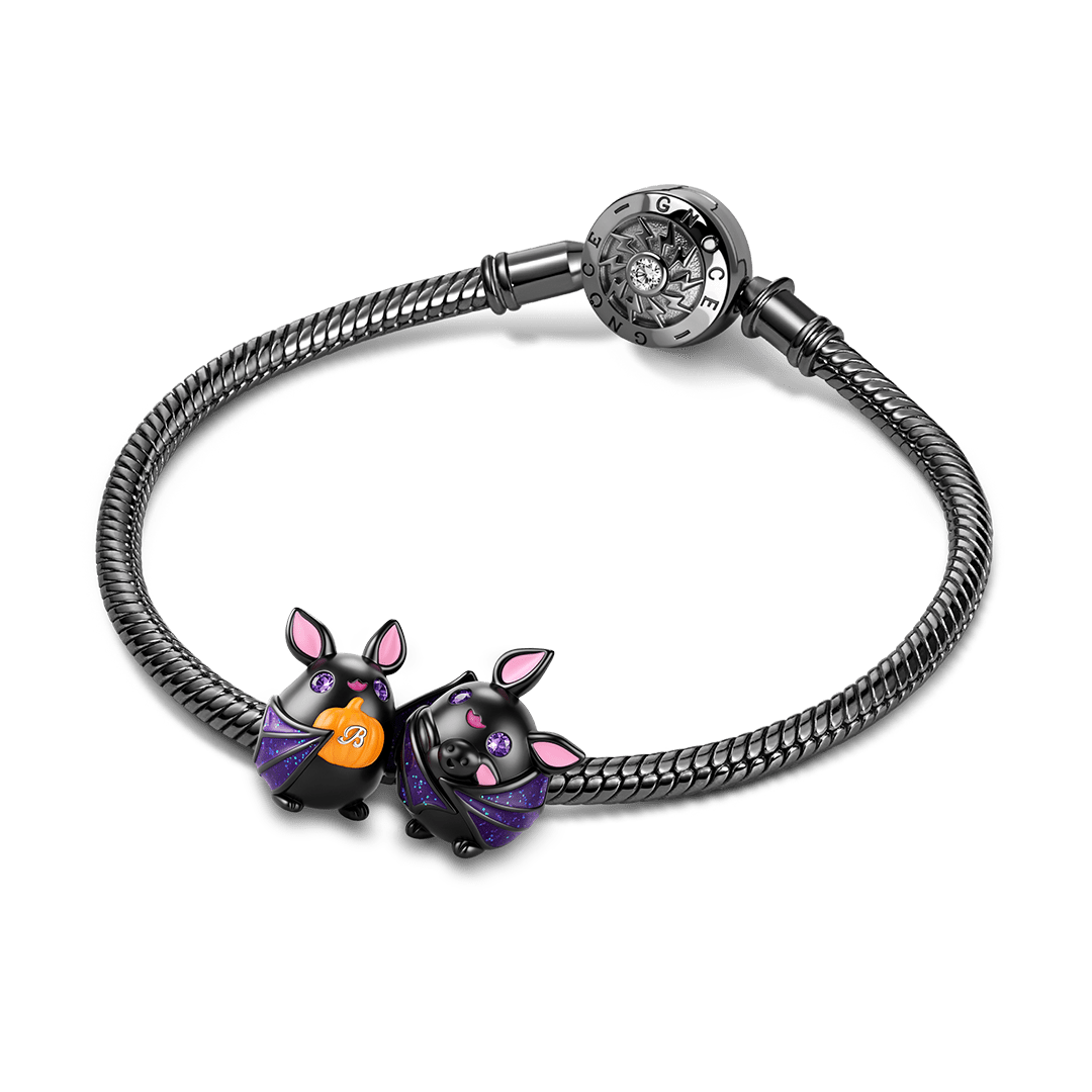 Gnoce Halloween Cute Bat Initial Engravable Bead Platinum-plated Silver Blend_4