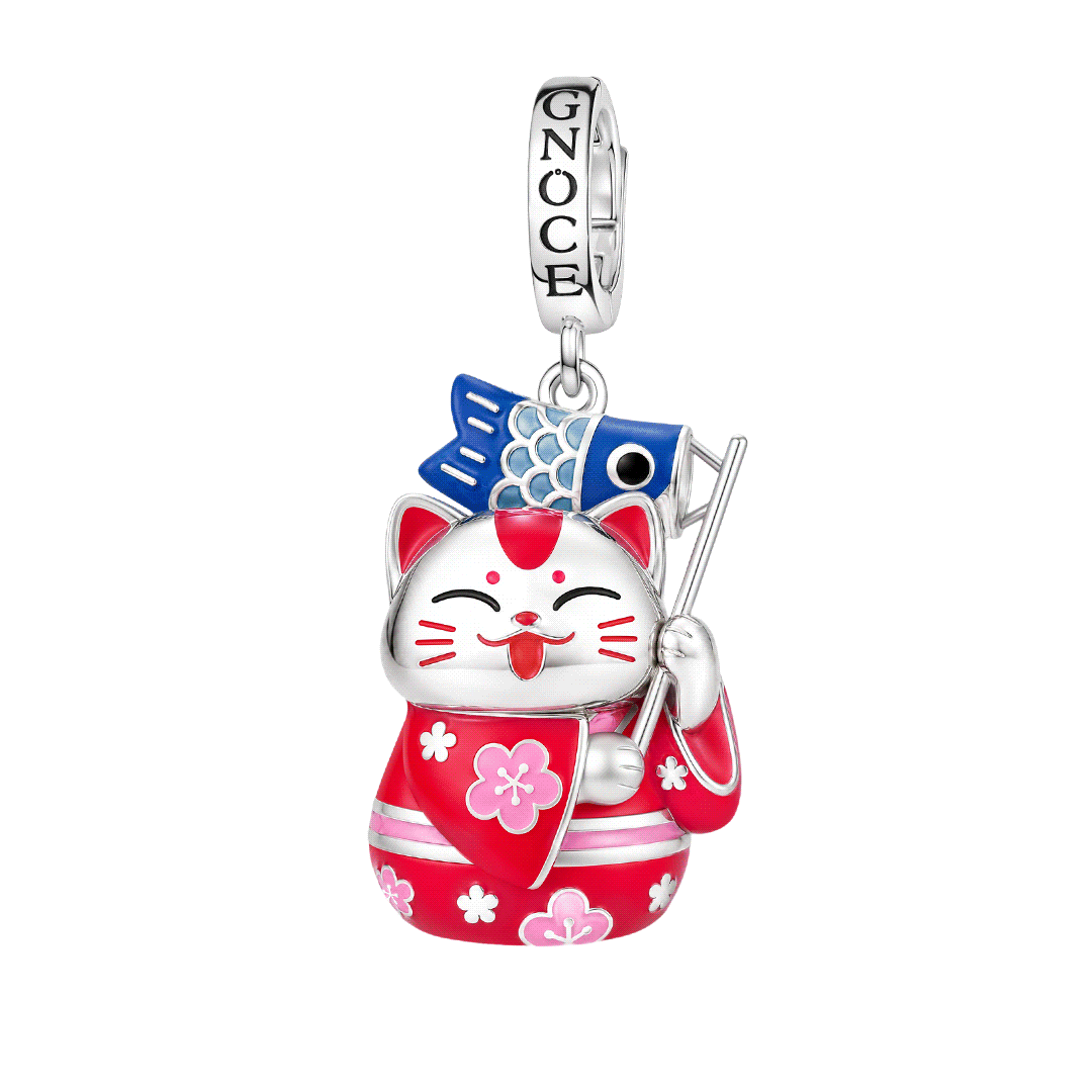 Gnoce Glow-in-the-Dark Red Kimono Lucky Cat Clasp Dangle Charm Platinum-plated Silver Blend_1