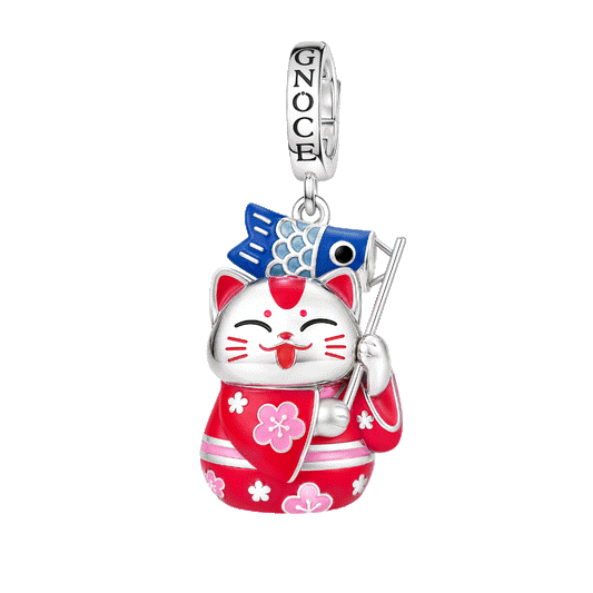 Gnoce Glow-in-the-Dark Red Kimono Lucky Cat Clasp Dangle Charm Platinum-plated Silver Blend_1