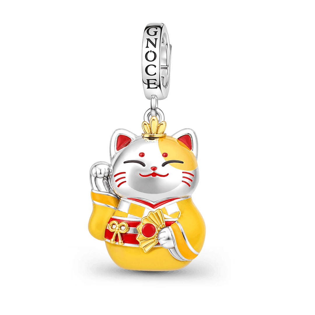 Gnoce Yellow Kimono Lucky Cat Clasp Dangle Charm Platinum-plated Silver Blend_1