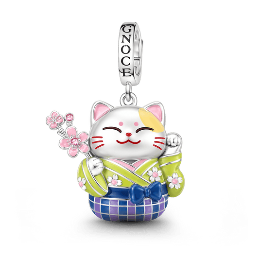 Gnoce Kimono Cherry Blossom Cat Clasp Dangle Charm Platinum-plated Silver Blend_1