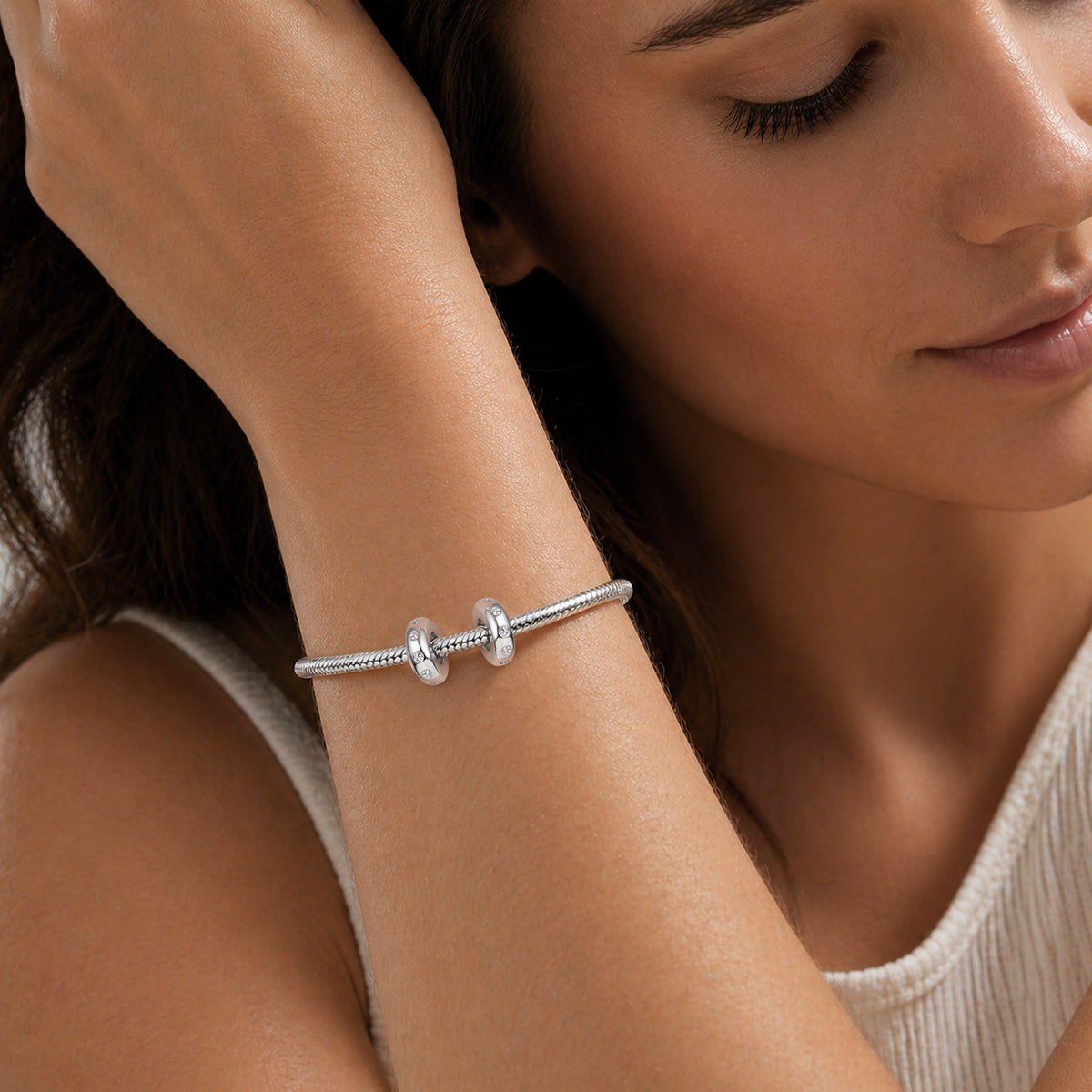 Gnoce Sparkling Stopper for Charm Bracelets 925 Sterling Silver Inlaid with Clear Gemstones_2