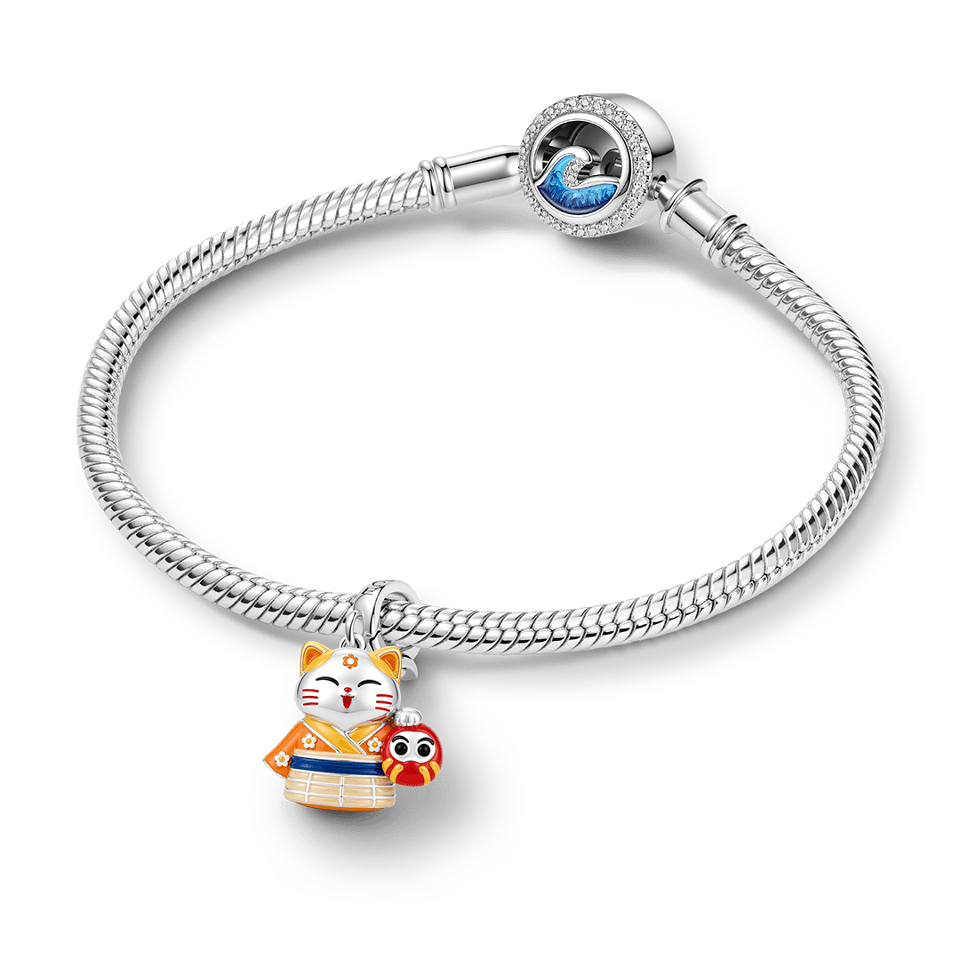Gnoce Japanese Glow In Dark Lucky Cat Daruma Clasp Dangle Charm Platinum‑plated Silver Blend_4
