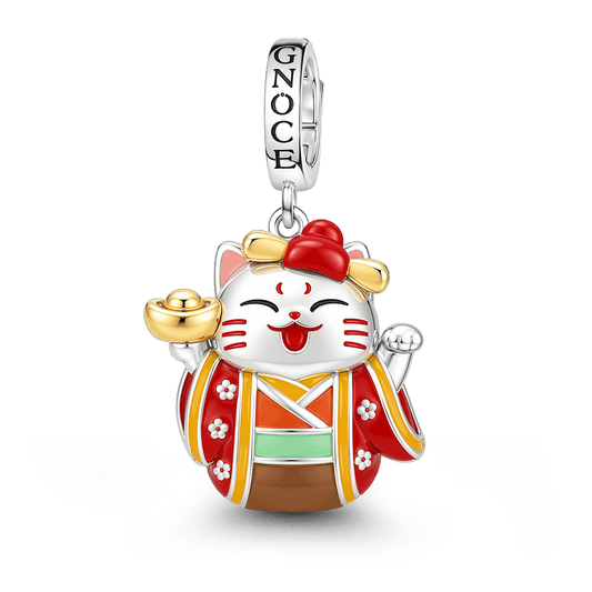 Gnoce Japanese Red Lucky Cat Gold Ingot Clasp Dangle Charm Platinum-plated Silver Blend_1