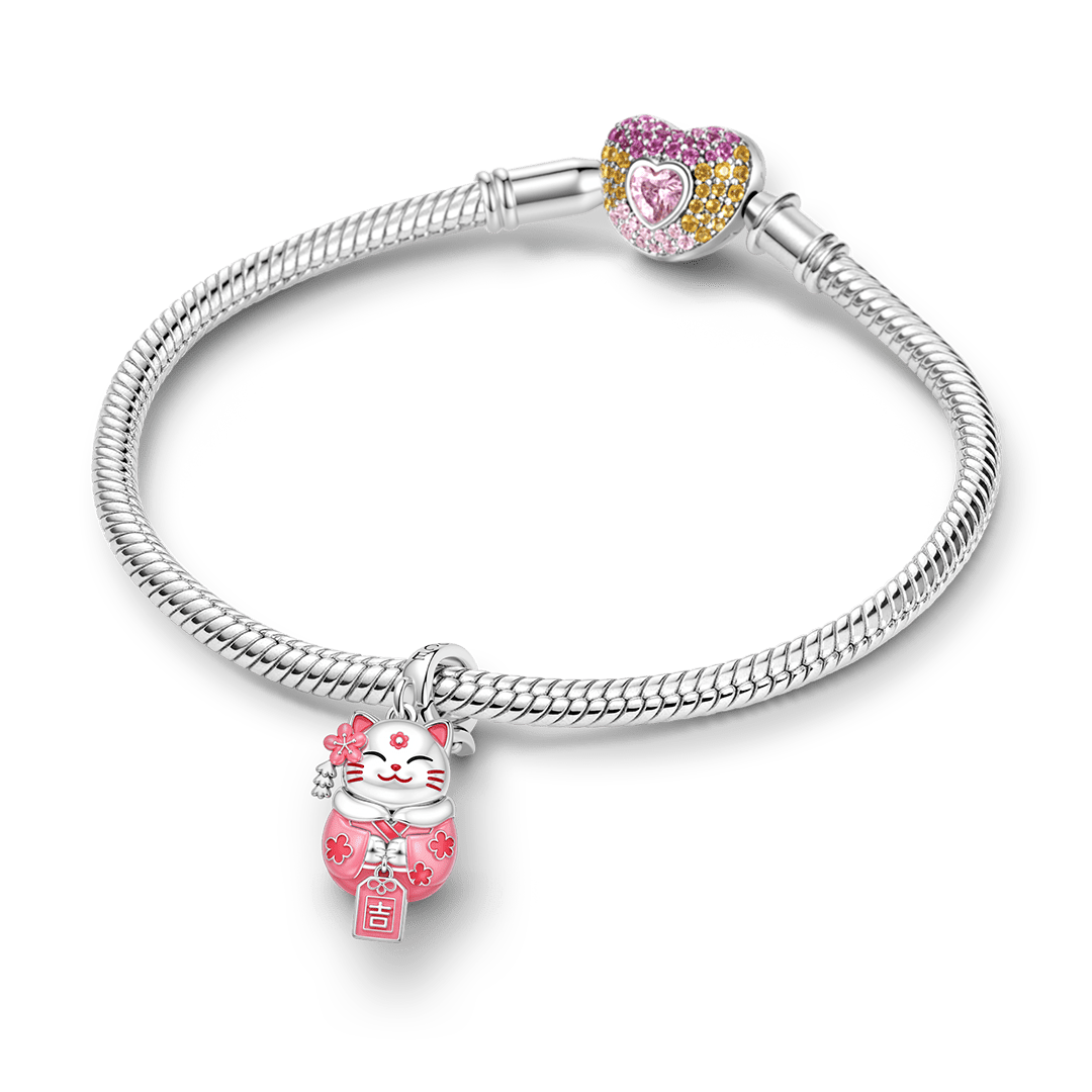 Gnoce Glow In Dark Japanese Sakura Lucky Cat Clasp Dangle Charm Platinum-plated Silver Blend_4