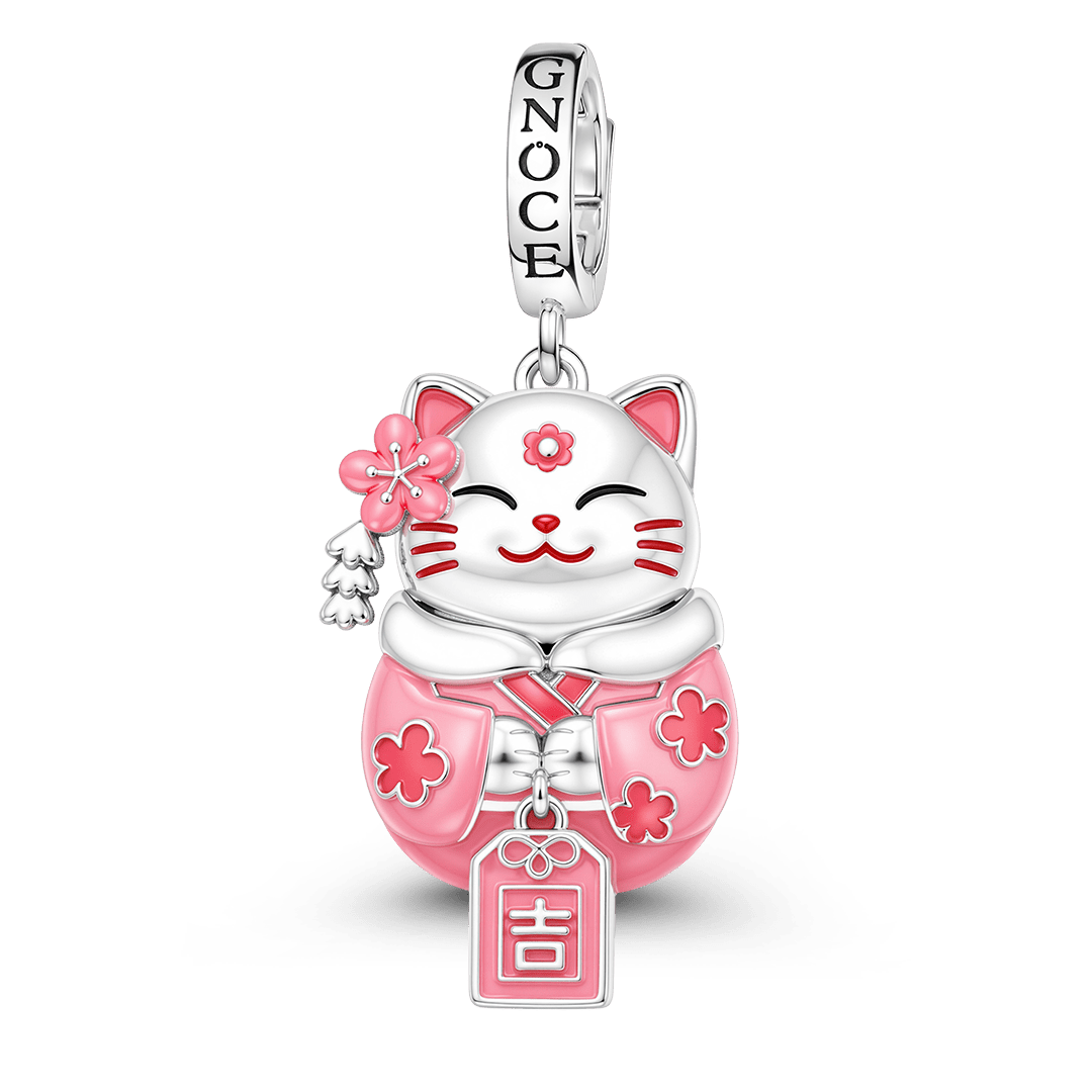 Gnoce Glow In Dark Japanese Sakura Lucky Cat Clasp Dangle Charm Platinum-plated Silver Blend_2