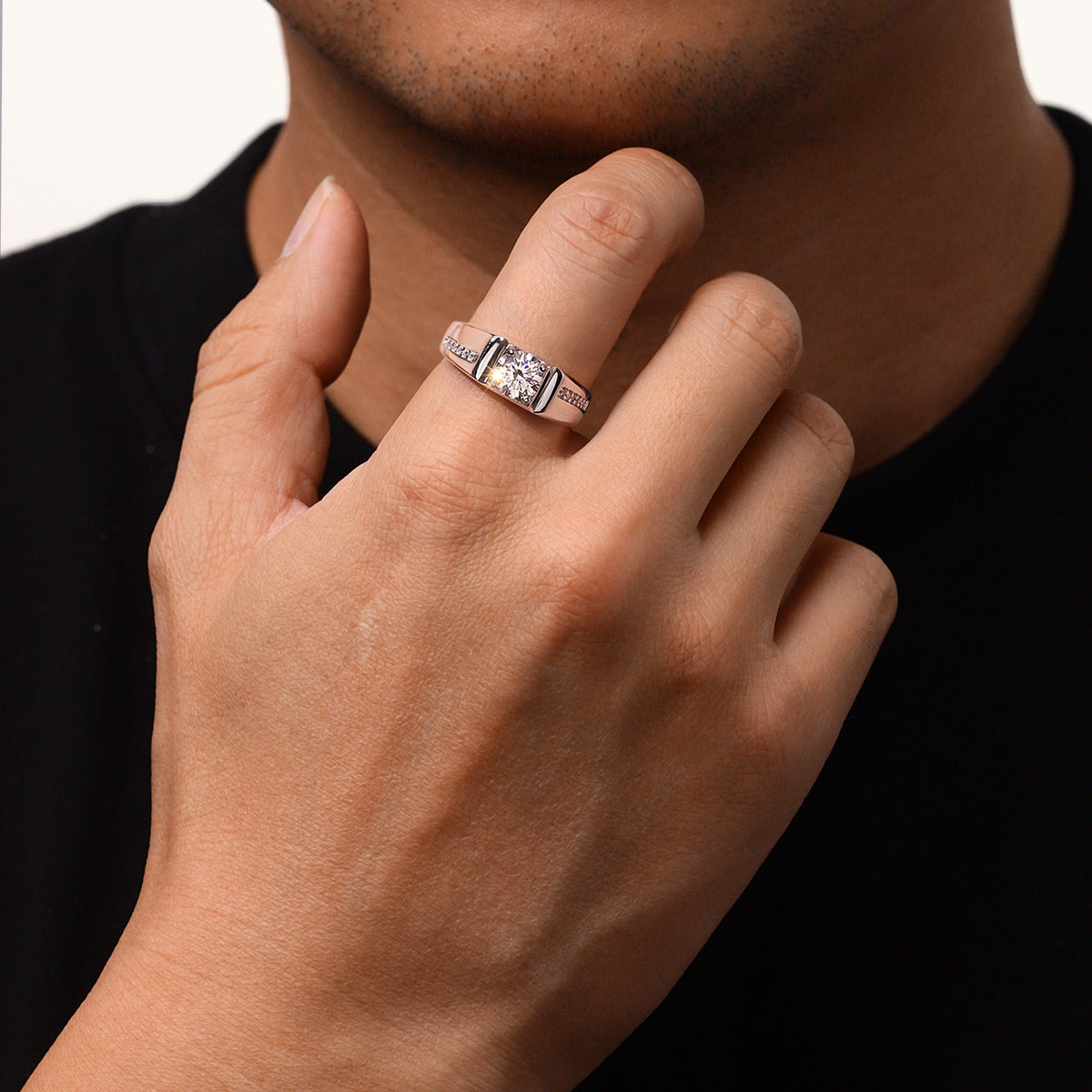 Gnoce Moissanite Men Wedding Ring Platinum-plated Silver Blend_5