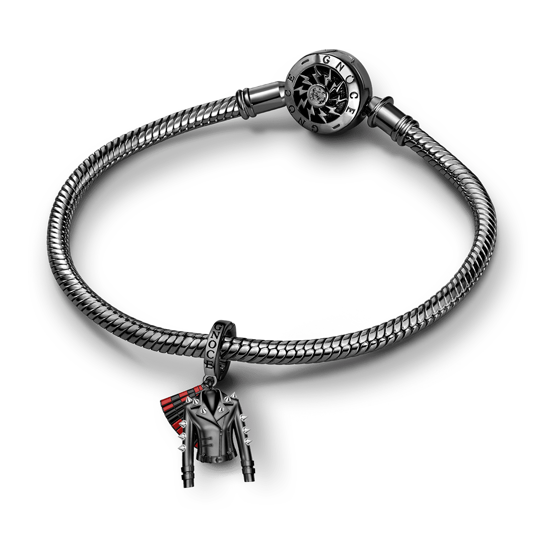 Gnoce British Punk Leather Jacket Pleated Skirt Clasp Dangle Charm Platinum‑plated Silver Blend_3