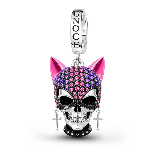 Gnoce Halloween British Punk Cool Skull Cat‑ear Clasp Dangle Charm Platinum‑plated Silver Blend_1