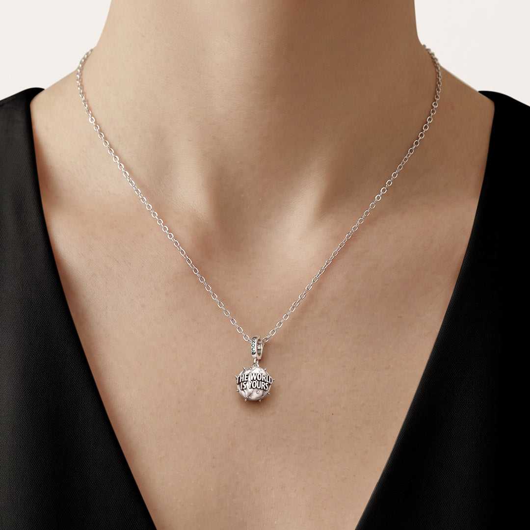 Gnoce British Punk Engravable Spiked World Globe Clasp Dangle Charm Platinum‑plated Silver Blend_2