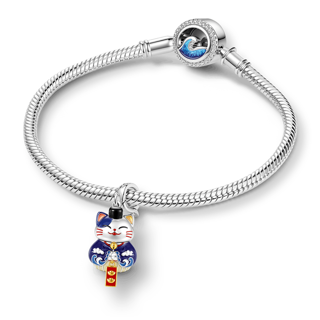 Gnoce Japanese Glow‑in‑the‑Dark Blue Lucky Cat Clasp Dangle Charm Platinum‑plated Silver Blend_4