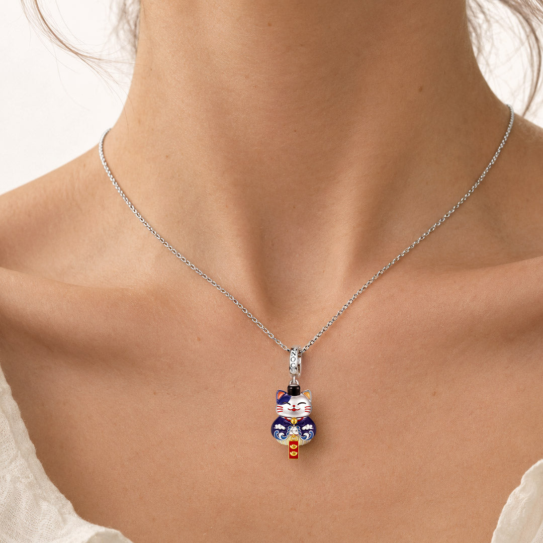 Gnoce Japanese Glow‑in‑the‑Dark Blue Lucky Cat Clasp Dangle Charm Platinum‑plated Silver Blend_3