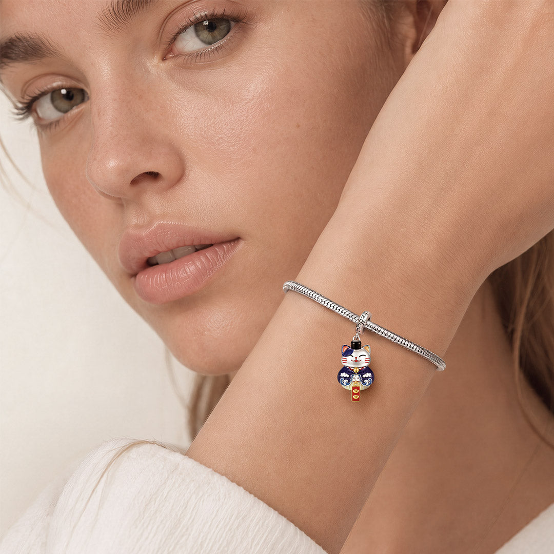 Gnoce Japanese Glow‑in‑the‑Dark Blue Lucky Cat Clasp Dangle Charm Platinum‑plated Silver Blend_5