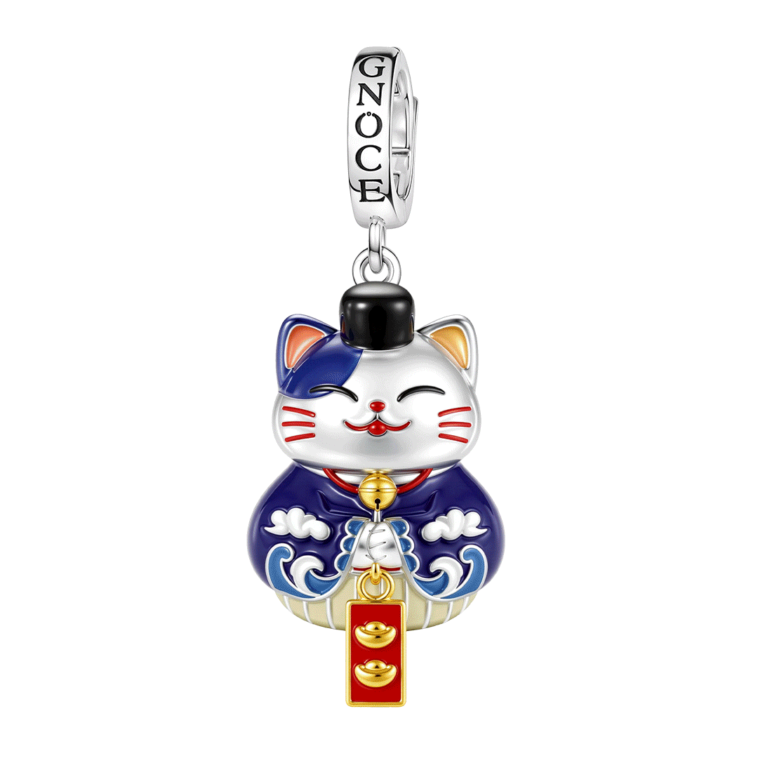 Gnoce Japanese Glow‑in‑the‑Dark Blue Lucky Cat Clasp Dangle Charm Platinum‑plated Silver Blend_1
