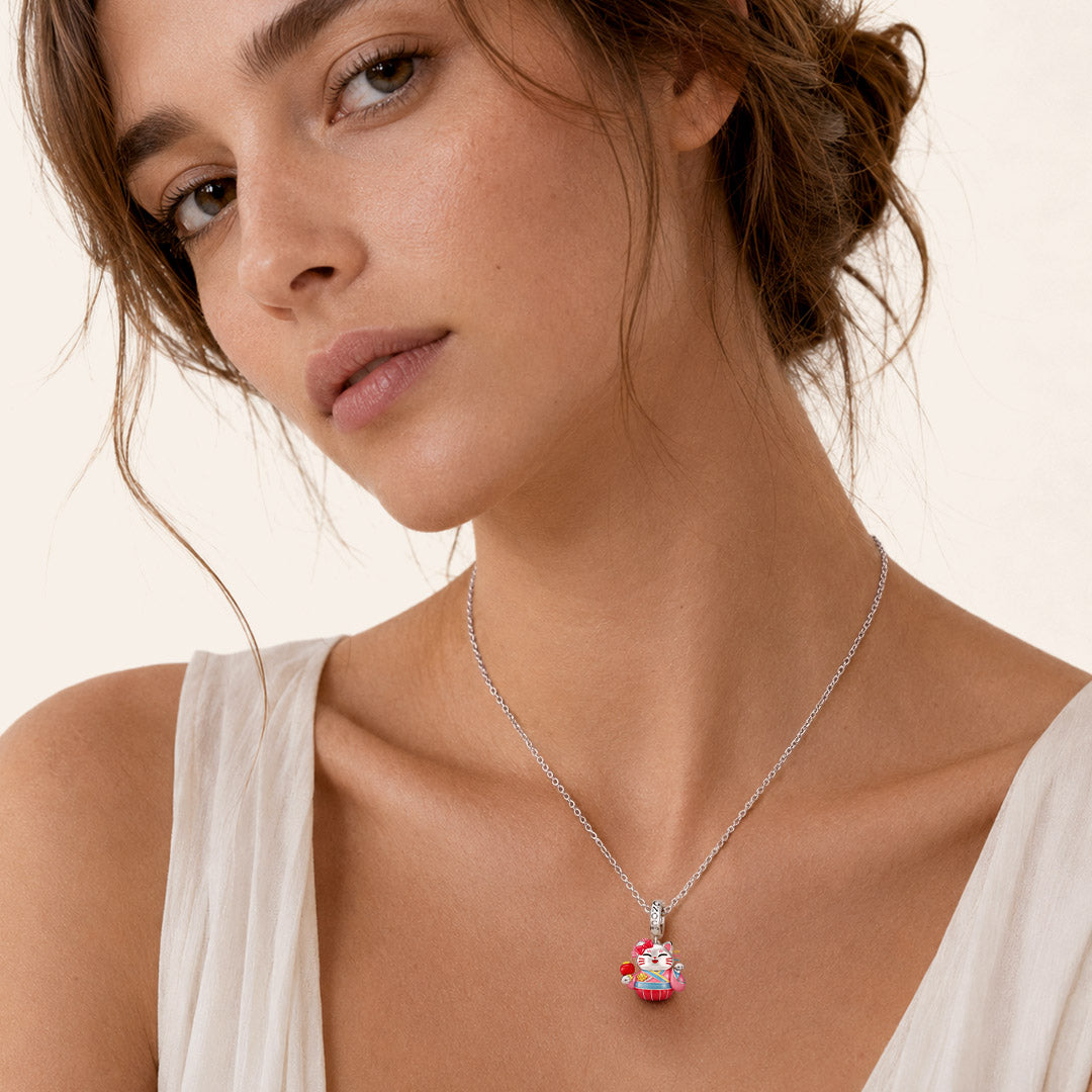 Gnoce Japanese Glow‑in‑the‑Dark Pink Lucky Cat Clasp Dangle Charm Platinum‑plated Silver Blend_5