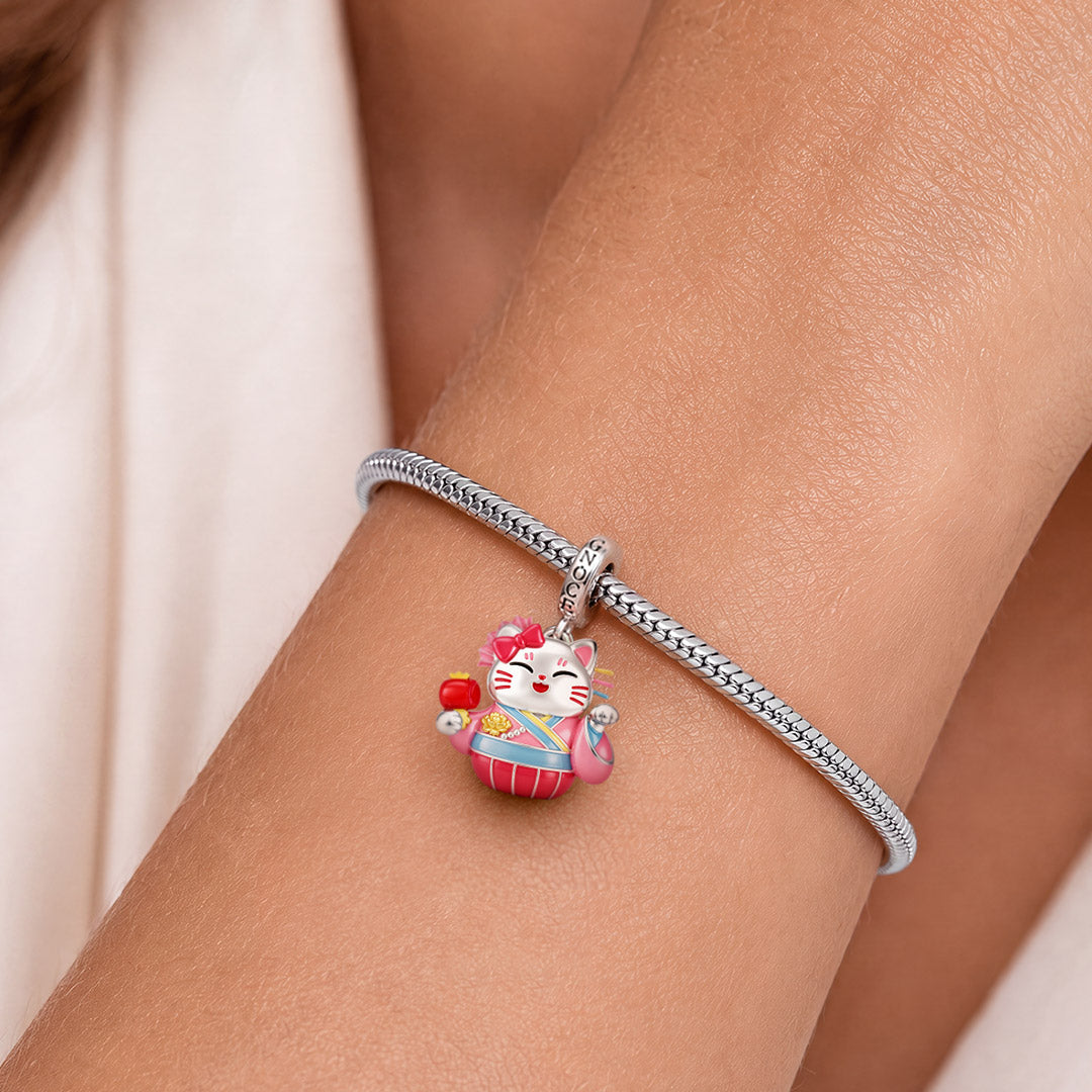 Gnoce Japanese Glow‑in‑the‑Dark Pink Lucky Cat Clasp Dangle Charm Platinum‑plated Silver Blend_3