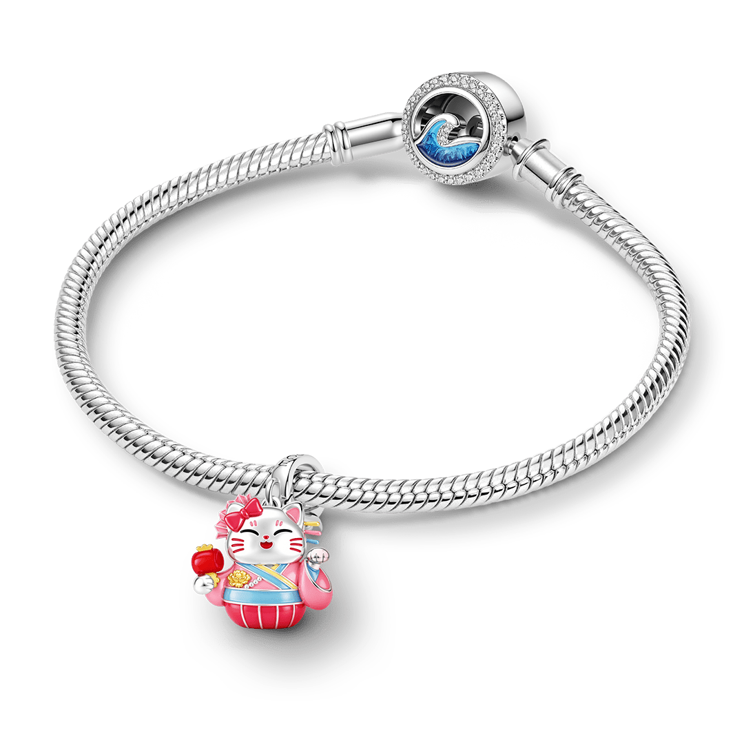 Gnoce Japanese Glow‑in‑the‑Dark Pink Lucky Cat Clasp Dangle Charm Platinum‑plated Silver Blend_4