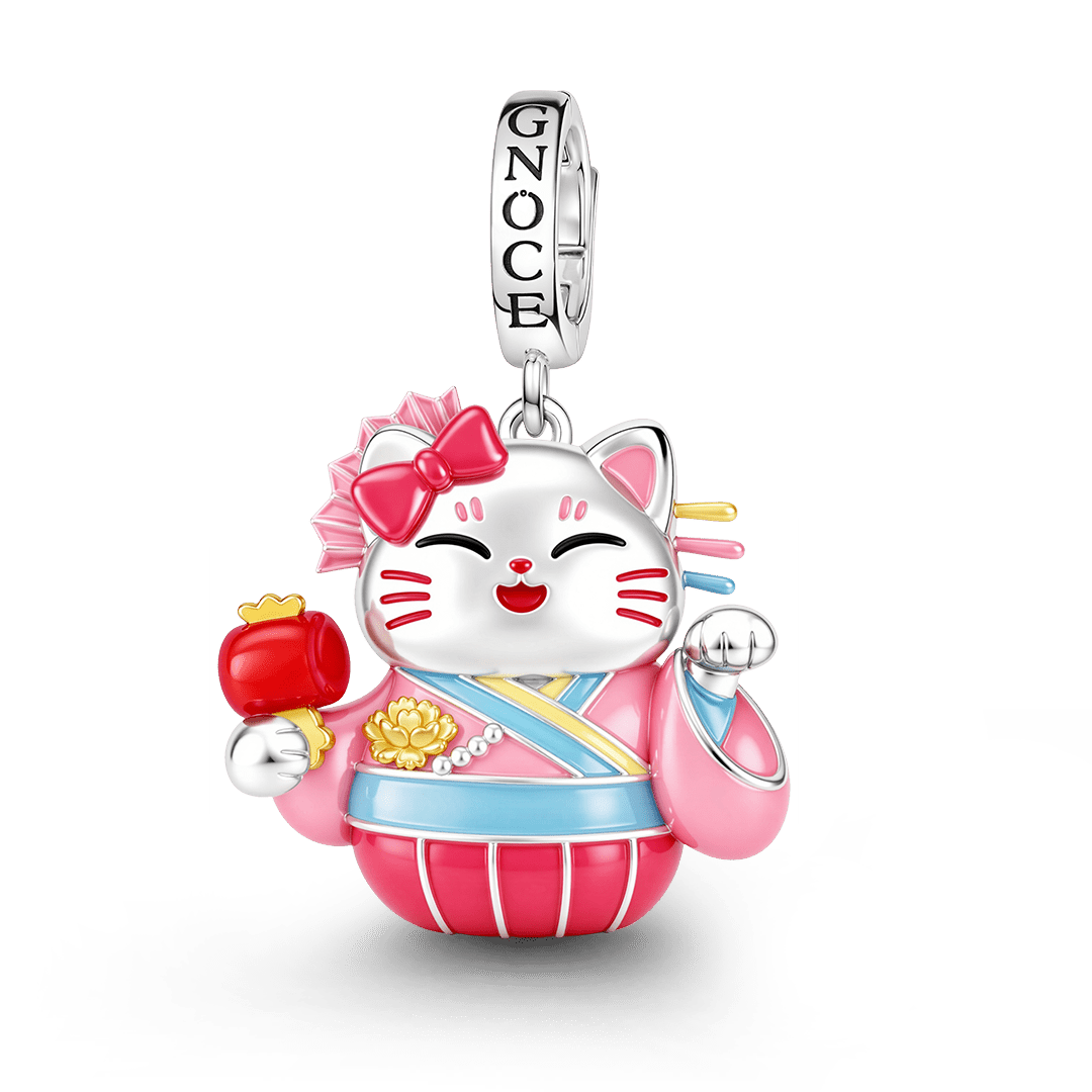 Gnoce Japanese Glow‑in‑the‑Dark Pink Lucky Cat Clasp Dangle Charm Platinum‑plated Silver Blend_2