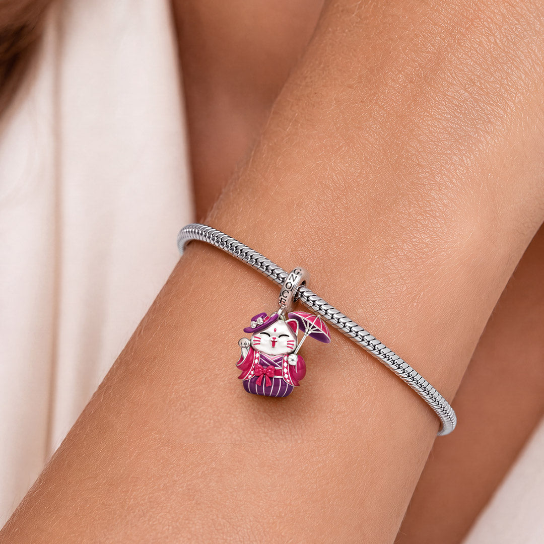 Gnoce Japanese Glow‑in‑the‑Dark Purple Lucky Cat Clasp Dangle Charm Platinum‑plated Silver Blend_3
